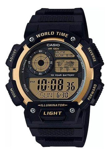 Reloj Casio Caballero Negro Con Bisel Dorado Ae-1400wh-9avcf