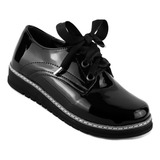 Zapatos Niña Charol Negro Escolar Agujeta Mujer Moda 601-ga