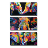 Triptico Moderno Pintado A Mano - Elefantes - 90x60cm
