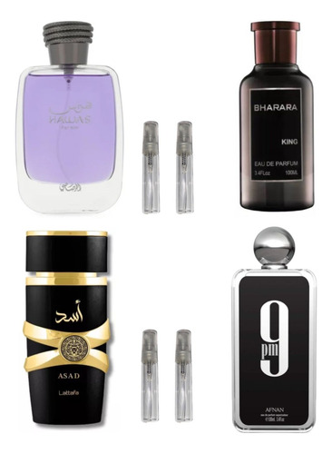 4 Muestras Perfume Arabe(asad+hawas+9pm+bhararaking) 5ml C/u