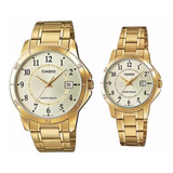 Reloj Pareja Casio Enticer Mtp-v004-9 Ltp-v004-9 Iones Oro