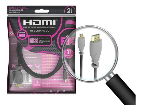 Cabo Micro Hdmi X Hdmi Blindado Pro 2.0 Ethernet 4k 2 Metros