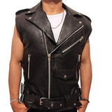 Chaleco Biker De Piel Gruesa Hombre Motociclista Cuero Negra