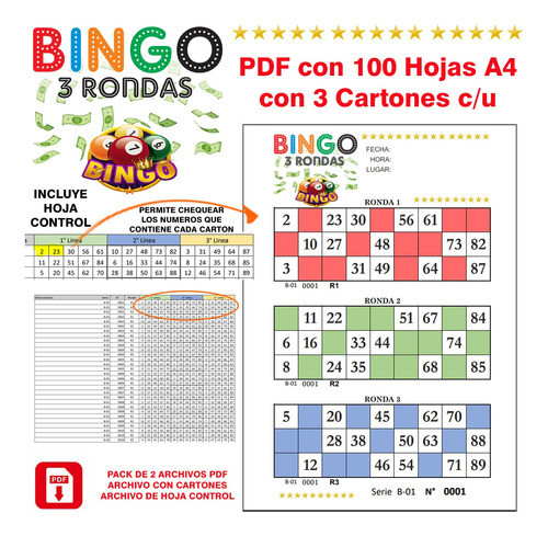 Cartones Bingo Lotería 100 Hojas Con 3 Cart C/u Pdf Imprimir