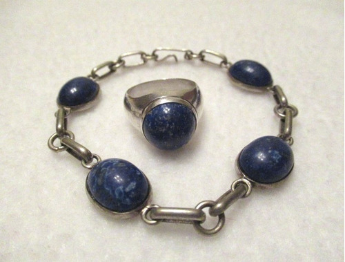 Conjunto Pulsera Anillo Plata 900 Piedras Lapis Lazuli