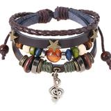 Pulsera Dije Nota Musical Cuero Madera Retro Ajustable Diámetro 5