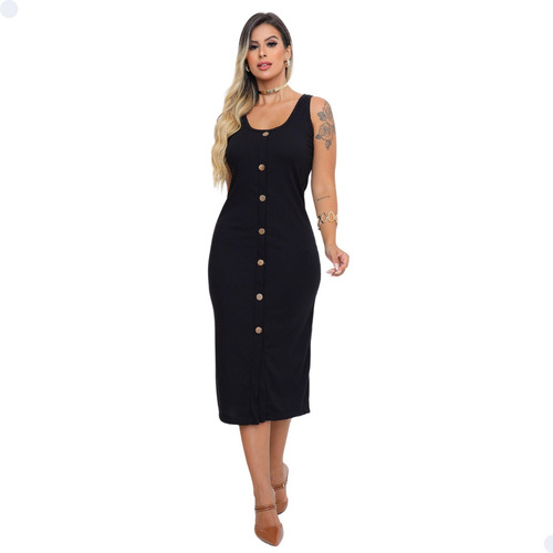 Vestido Midi Evangelico Social Elegante Botao Alça Básico