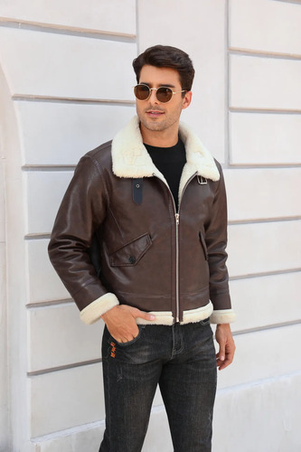 Chaqueta De Cuero Informal Con Cuello Piel Engrosada Hombre | Meses sin interés