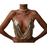 Lindo Top Crop Lentejuela Metal Blusa Espalda Descubierta 