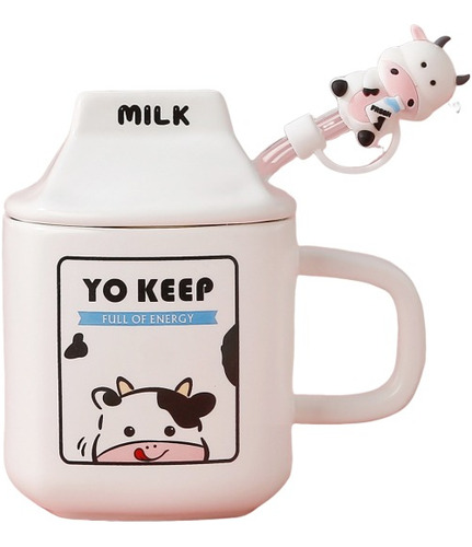 Taza Cerámica Milk Vaquita Con Popote Y Tapa