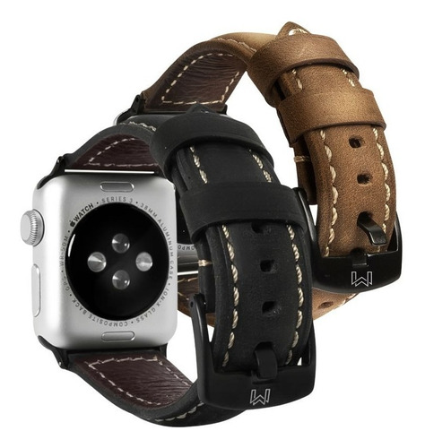 Pack 2 Correas De Cuero Genuino Para Apple Watch Black +café