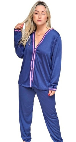 Pijama Longo Feminino Blusa Aberta Botões Calça Maternidade