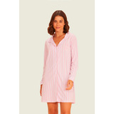 Camisola Camisaria Manga Longa Listra Rosa Anna Kock Sleepwe