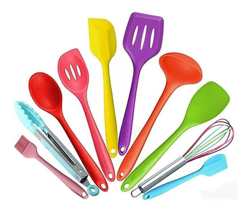 Jogo 10 Utensílios Cozinha Silicone Colorido Colher Pegador