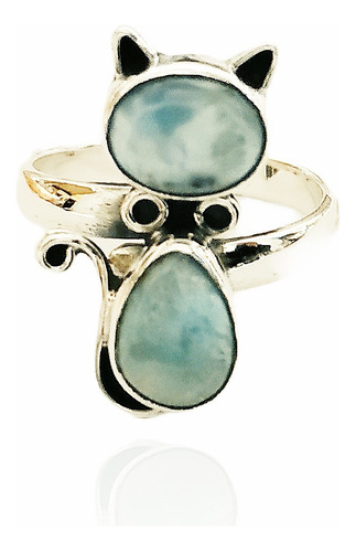 Anillo Gato Gatito Michi Plata .925 Y Larimar 