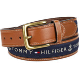 Cinturón Para Hombre Tommy Hilfiger F4567 De Cuero Azul Oscuro Con Hebilla Color Dorado Y Diseño De La Hebilla Cuadrada Talle 44