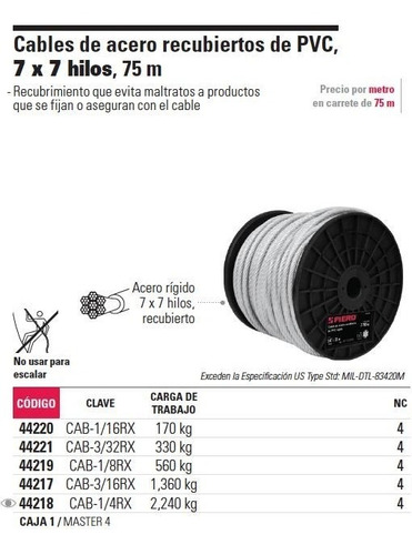 Cable Acero Recubierto 1/16  7x7 Hilos 75 Mt Fiero 44220