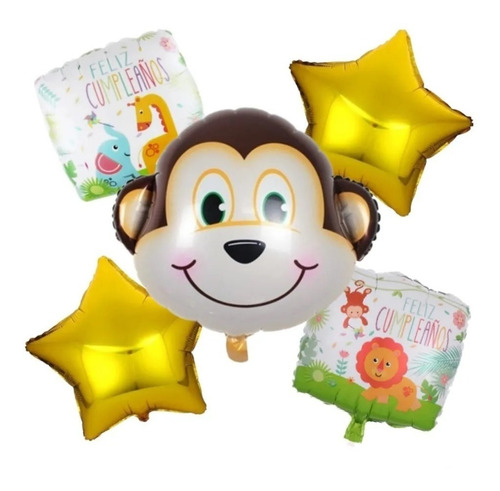 Set 5 Globos Metalizado Mono Animal Selva Feliz Cumple 