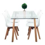 Juego De Comedor Nordico Vidrio 1.40 Haya + 4 Sillas Tulip 