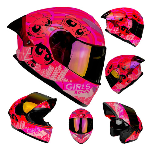 Casco Moto Abatible Kov Chicas Superpoderosas Rosa Brillo | Envío gratis
