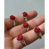 Anillo Rosa Roja En Coral Tallado A Mano Plata Fina Ley 925