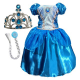 Vestido Princesa Infantil Azul Midi Luxo Menina Criança +kit