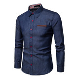 Camisa Casual Hombre Camisa Vaquera Ajustada Bolsillo Cuero