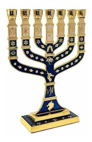 Menorah Candelabro Grande 12 Tribos Esmaltado Azul 28cm