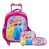 Kit Mochila Infantil Menina Rodinhas Princesas 3d Cor Rosa