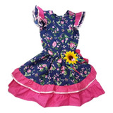 Vestido Junino Luxo Girassol Estampa Poá Flor Festa Fantasia