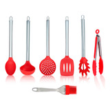 Jogo 7 Pç. Colheres De Silicone Cabo Inox Utensílios Cozinha