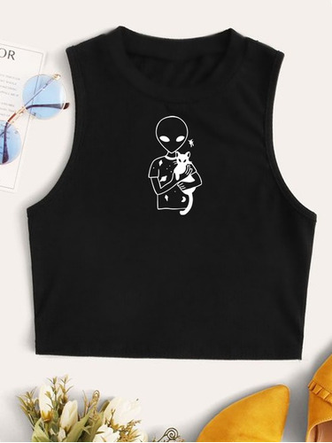 Top Alien Gato Crop Remera Corta Dark Aesthetic Cute Kawaii 