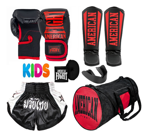 Kit Muay Thai Luva Caneleira Bolsa Shorts Band Buc Infantil