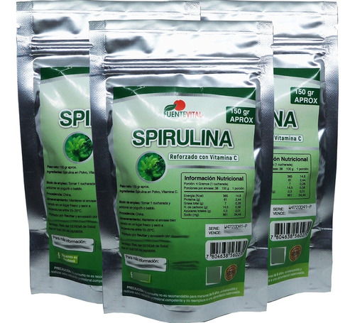 3 X Spirulina Pura En Polvo 100% Organico Con Vit C 150 Gr Sabor Sin Sabor