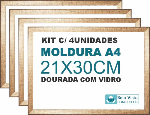 Moldura A4 21x30cm C/ Vidro Kit Com 4 Quadros