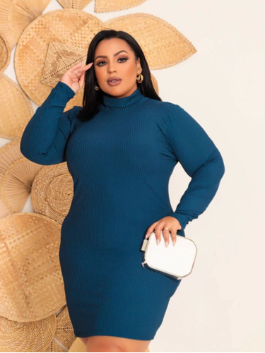 Vestido Midi Gola Alta Manga Longa Plus Size Azul Petróleo