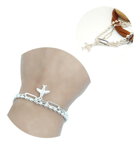 Pulsera Doble  Acero Blanco Bolitas Y Dije Avión Con Cubics 