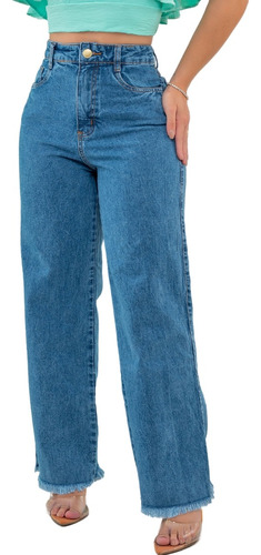 Calça Jeans Wide Leg Pantalona Grife Cintura Alta Blogueira