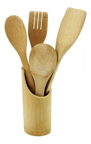 Set X 5 Utensilios De Madera Bambu Cucharas Espatula Y  Base