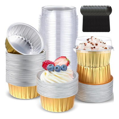 50 Moldes Aluminio Desechable Para Hornear C/tapa+cuchara Amarillo Redondo