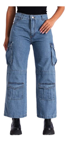 Pantalon Jean Mujer Wide Leg Multi Cargo Talles Grandes