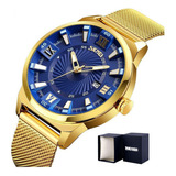 Reloj De Cuarzo Skmei Con Cinturón De Malla De Lujo Y Calendario Con Fondo Azul