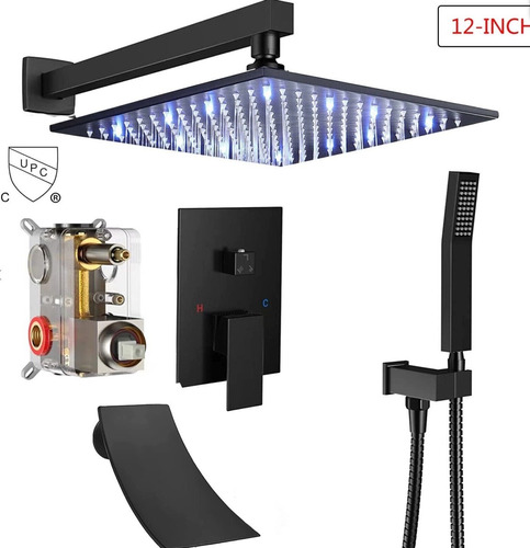 Kit Regadera Led Mezcladora Negra Cuadrada Lluvia 