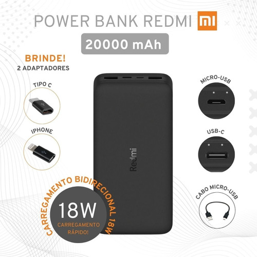 Carregador Portátil 20.000 Mah Xiaomi Compatível C/galaxy 