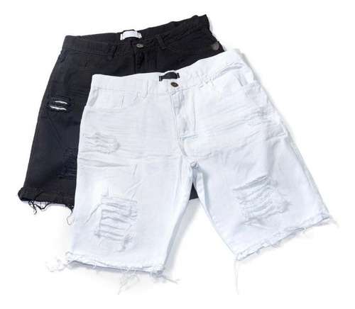 Kit 2 Bermudas Jeans Masculina Rasgada Branca E Preta