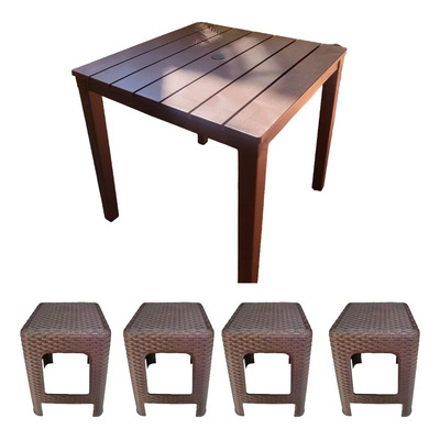 Mesa De Plástico Desmontable Cuadrada P/exterior + 4 Bancos Color Rattan Chocolate