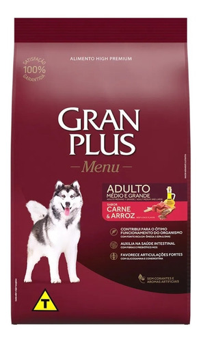 Ração Gran Plus Menu Cão Adulto Médio E Grande Carne & Arroz 15kg