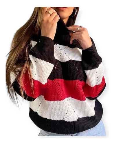 Sweater Polera Calado Dos Colores Lana Suave