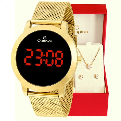 Relógio Champion Feminino Dourado Digital Led Vermelho