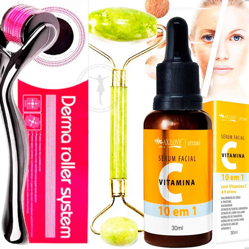 Rolinho Facial De Jade + Roller + Serum Vitamina C 10 Em 1